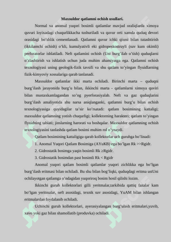 Quduqni o’zlashtirishni loyihalash 2