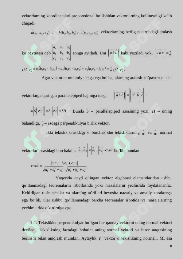 Tekislik va to’g’ri chiziqning vektor va koordinat shaklidagi tenglamalari 8