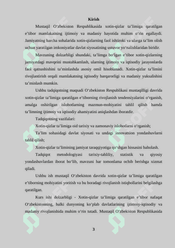 Mustaqil Oʻzbekiston respublikasida xotin - qizlar ta'limiga qaratilgan e'tibor. 2