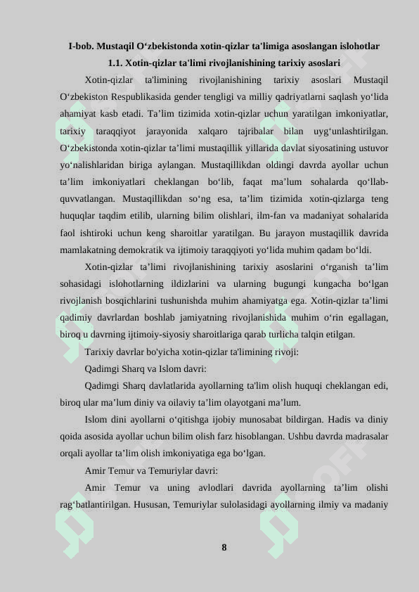 Mustaqil Oʻzbekiston respublikasida xotin - qizlar ta'limiga qaratilgan e'tibor. 7