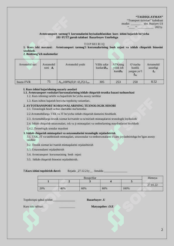 Avtotransport tarmog'i korxonalarining bosh rejasi va ishlab chiqarish binosinini hisoblash 2