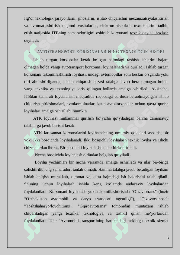 Avtotransport tarmog'i korxonalarining bosh rejasi va ishlab chiqarish binosinini hisoblash 8