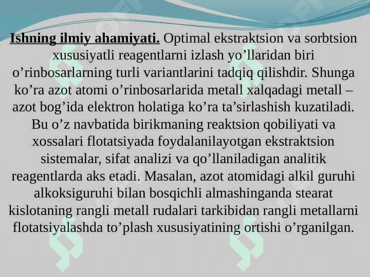 “To’rtlamchi ammoniy asoslari va yog’ kislotalari asosida  binar ekstragentlar sintezi va ular yordamida Ni (II) ekstraktsiyasi’’ 4