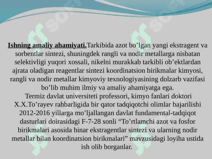 “To’rtlamchi ammoniy asoslari va yog’ kislotalari asosida  binar ekstragentlar sintezi va ular yordamida Ni (II) ekstraktsiyasi’’ 5