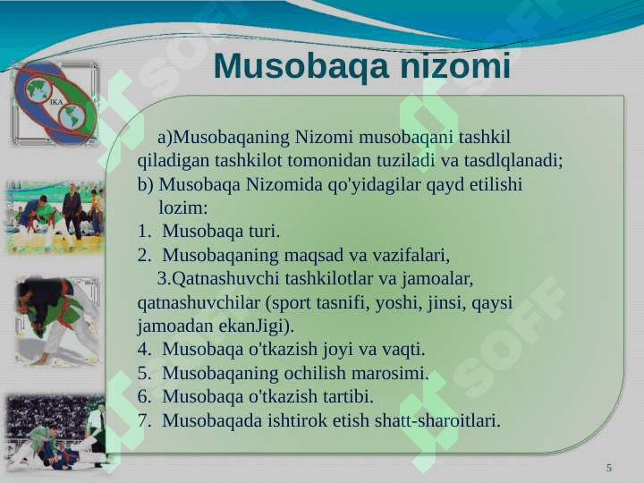 MILLIY KURASH TURLARIDAN MUSOBOQALAR O’TKAZISH VA HAKAMLIK QILISH QOIDALARI. 5