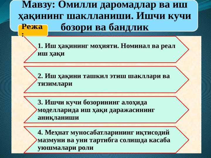Омилли даромадлар ва иш ҳақининг шаклланиши. Ишчи кучи бозори ва бандлик