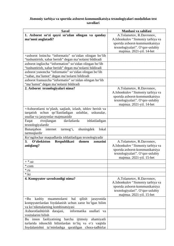 Jismoniy tarbiya va sportda axborot-kommunikatsiya texnologiyalari modulidan test savollari 1