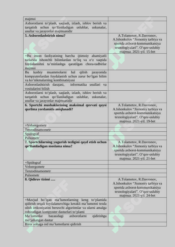 Jismoniy tarbiya va sportda axborot-kommunikatsiya texnologiyalari modulidan test savollari 2
