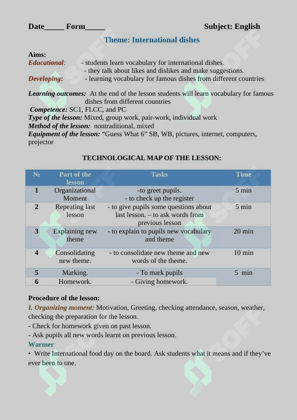 6-sinflar uchun Unit 3. Lesson 1 International dishes mavzusida 1 soatlik Dars ishlanmasi 2