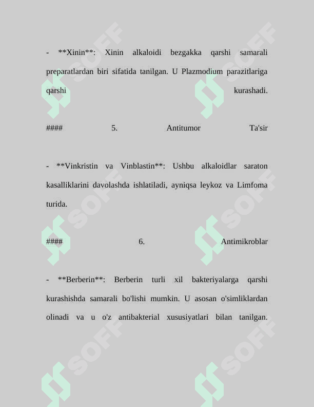 Alkaloidlar. Tarkibida alkaloidlarni saqlovchi dorivor o'simlik (giyoh)lar va dorivor o'simlik (giyoh)lar xom ashyolari 5