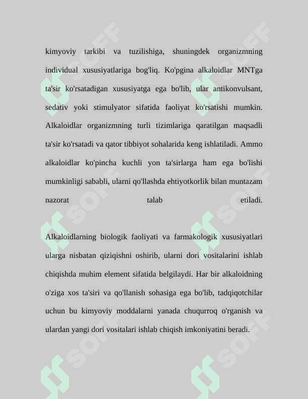 Alkaloidlar. Tarkibida alkaloidlarni saqlovchi dorivor o'simlik (giyoh)lar va dorivor o'simlik (giyoh)lar xom ashyolari 8