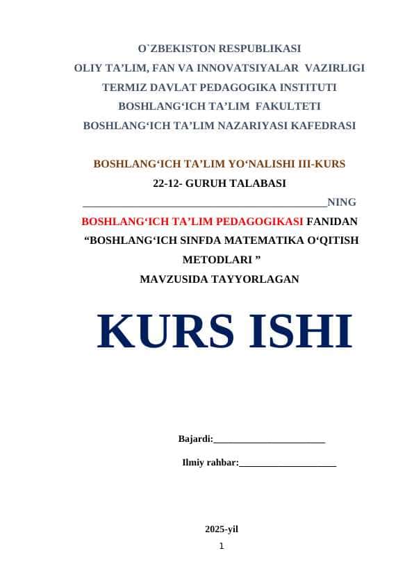 BOSHLANG‘ICH SINFDA MATEMATIKA O‘QITISH METODLARI 1