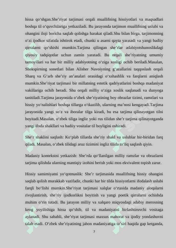 O’zbek she’riyati namunalarini ingliz tiliga tarjima qilishda g’oya va mazmunning berilishi(Begoyim Holbekovaning “Qalbim sizga intiladi” (My soul strives for you) o’zbek she’riyati tarjimalari misolida). 7