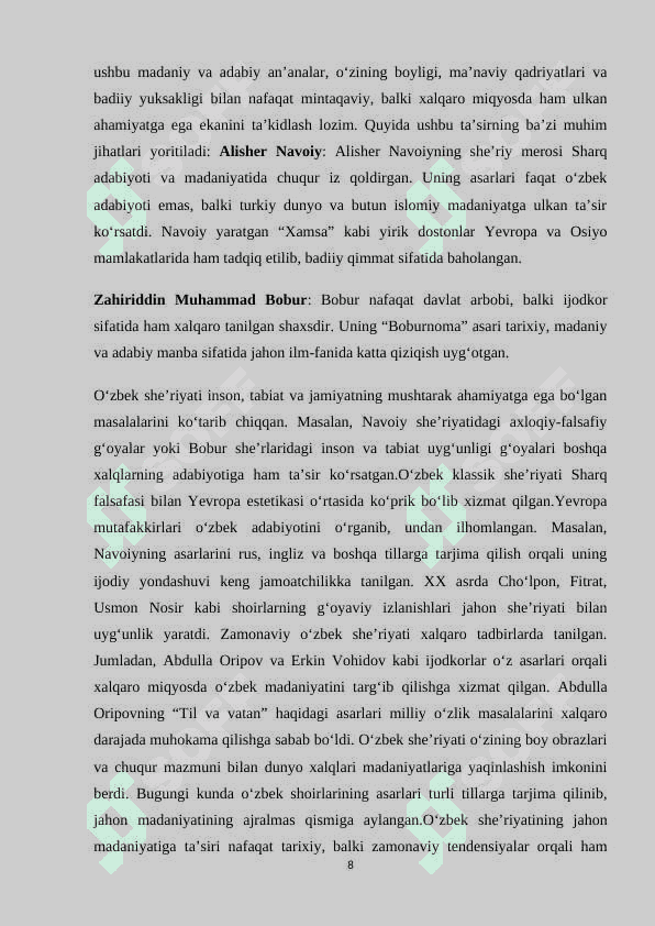 O’zbek she’riyati namunalarini ingliz tiliga tarjima qilishda g’oya va mazmunning berilishi(Begoyim Holbekovaning “Qalbim sizga intiladi” (My soul strives for you) o’zbek she’riyati tarjimalari misolida). 8