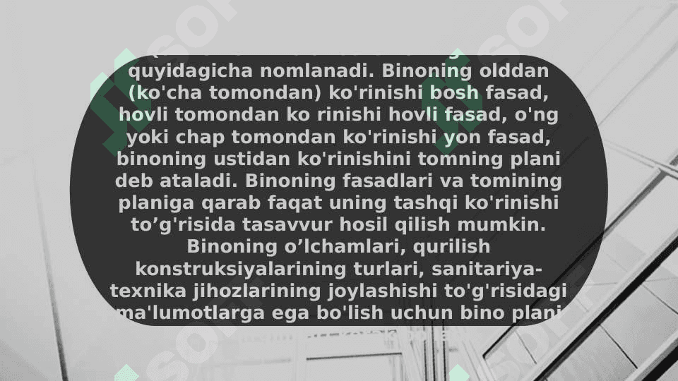 Binoning fasadi, plani va qirqimini eskizini chizish 3