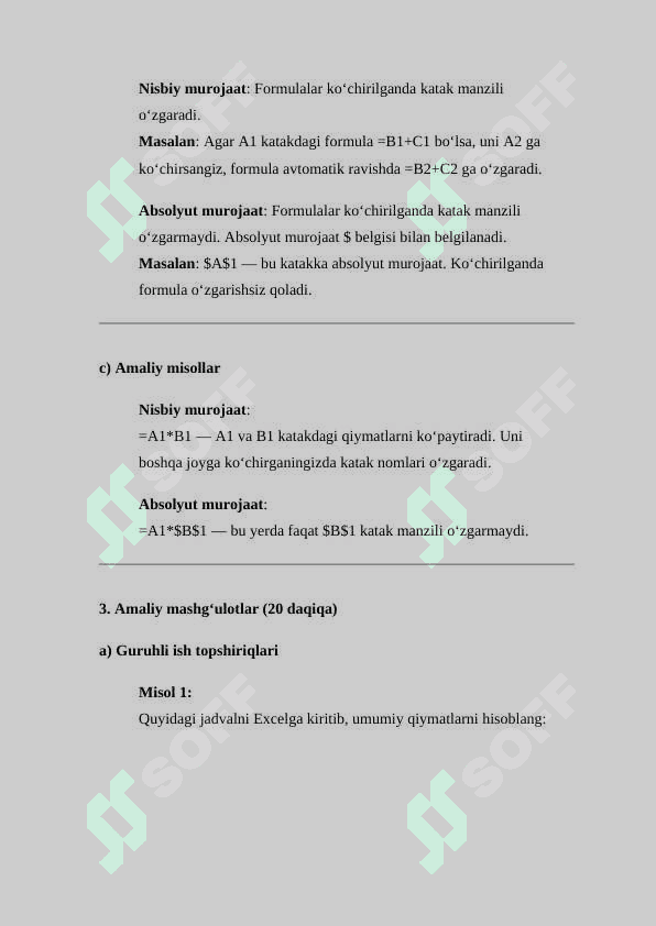 Formula va funksiyalarni yaratish. Katakka absolyut va nisbiy murojaat ( Dars ishlanmasi ) 3
