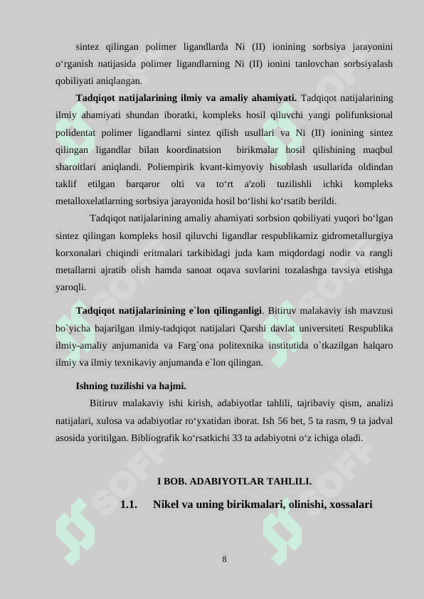Ni (II) ning tarkibida azot, kislorod bo'lgan polimer ligandlar bilan koordinatsion birikmalari sintezi va tadqiqoti 8