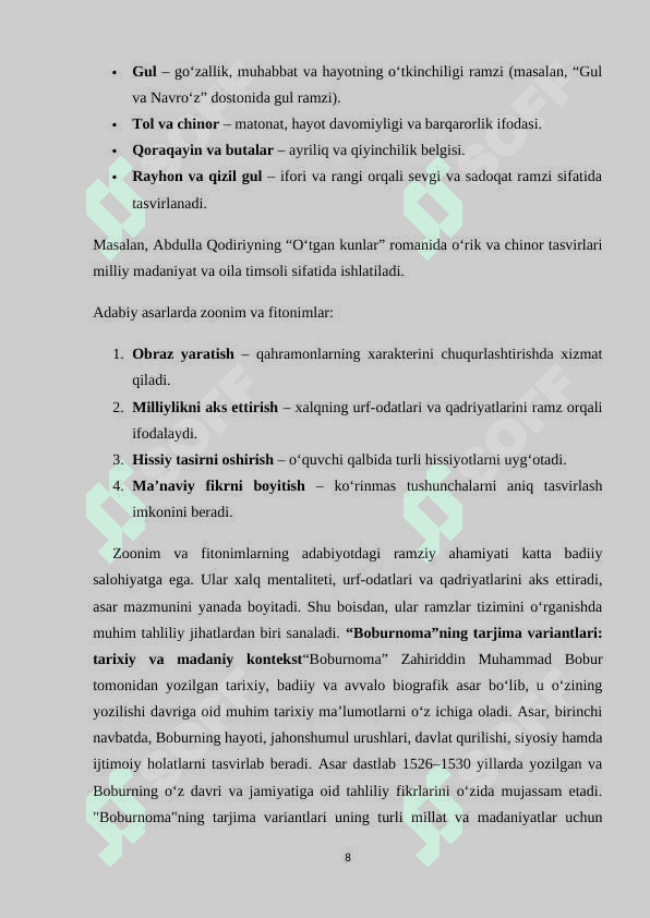 “Boburnoma” tarjimasida zoonimlar va fitonimlarning simbolik xususiyatlari. 8