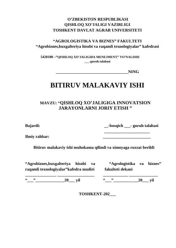 QISHLOQ XO’JALIGIGA INNOVATSION JARAYONLARNI JORIY ETISH