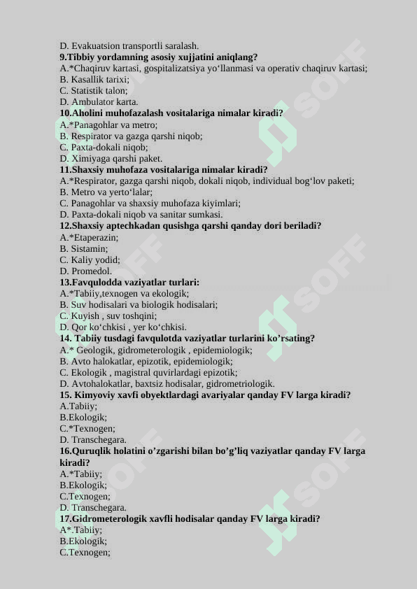 FAVQULOTDA HOLATLAR MEDISINASI FANIDAN TESTLAR JAVOBLARI BILAN 2