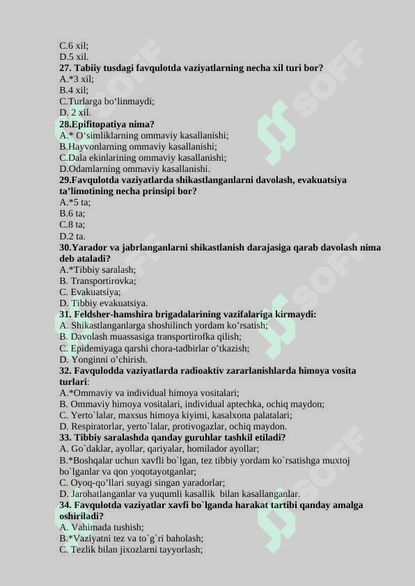 FAVQULOTDA HOLATLAR MEDISINASI FANIDAN TESTLAR JAVOBLARI BILAN 4