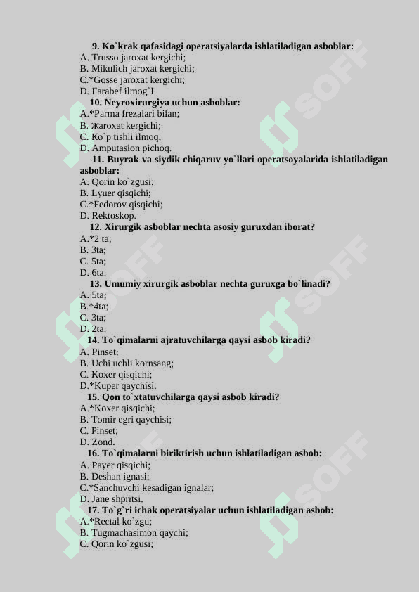 Xirurgiya fani haqida tushucha. Xirurgik davolash hususiyatlari.  Jarroxlik ishini tashkil qilish. Aseptika va antiseptika testlar javoblari bilan 2