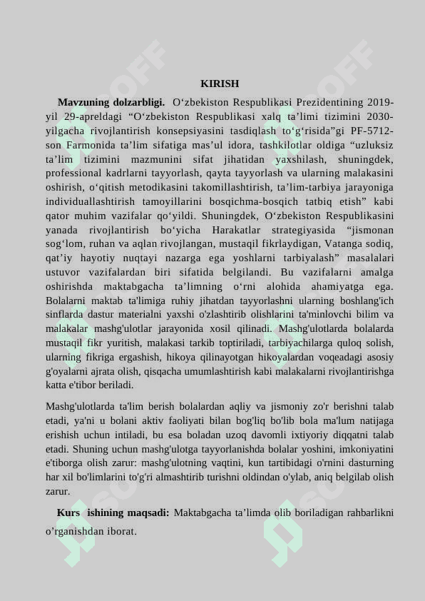 ILK QADAM”DAVLAT O’QUV DASTURI ASOSIDA MAKTABGACHA TA’LIM TASHKILOTLARIDA FAOLIYAT MARKAZLARIDA TA’LIM JARAYONLARINI TASHKILLASH 2