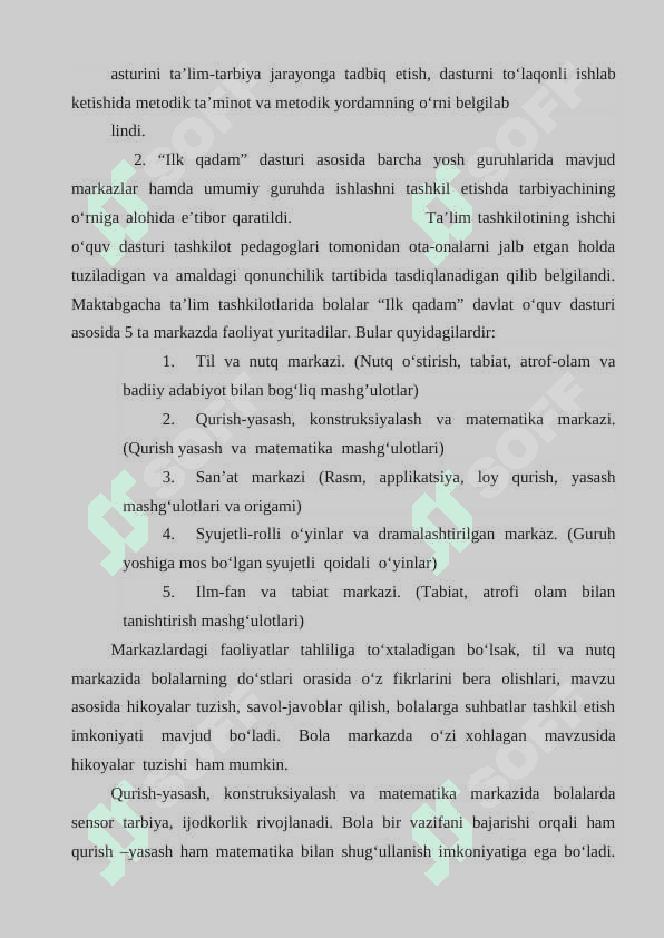 ILK QADAM”DAVLAT O’QUV DASTURI ASOSIDA MAKTABGACHA TA’LIM TASHKILOTLARIDA FAOLIYAT MARKAZLARIDA TA’LIM JARAYONLARINI TASHKILLASH 5