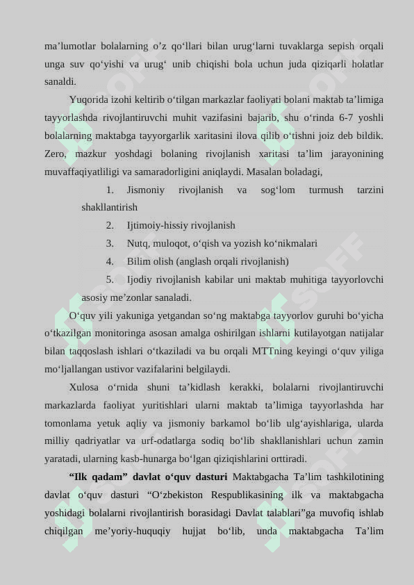 ILK QADAM”DAVLAT O’QUV DASTURI ASOSIDA MAKTABGACHA TA’LIM TASHKILOTLARIDA FAOLIYAT MARKAZLARIDA TA’LIM JARAYONLARINI TASHKILLASH 7