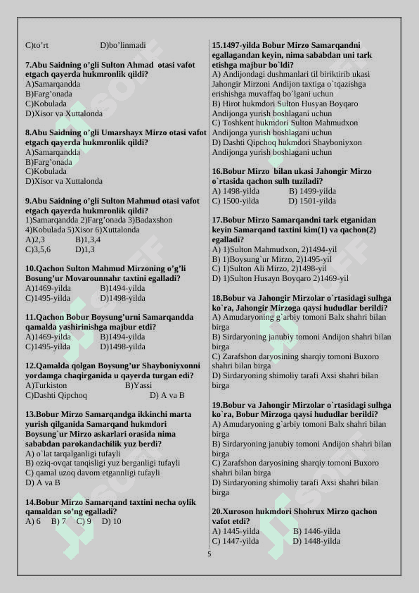 8-sinf òzbekiston tarixi mavzulashtirilgan test 5