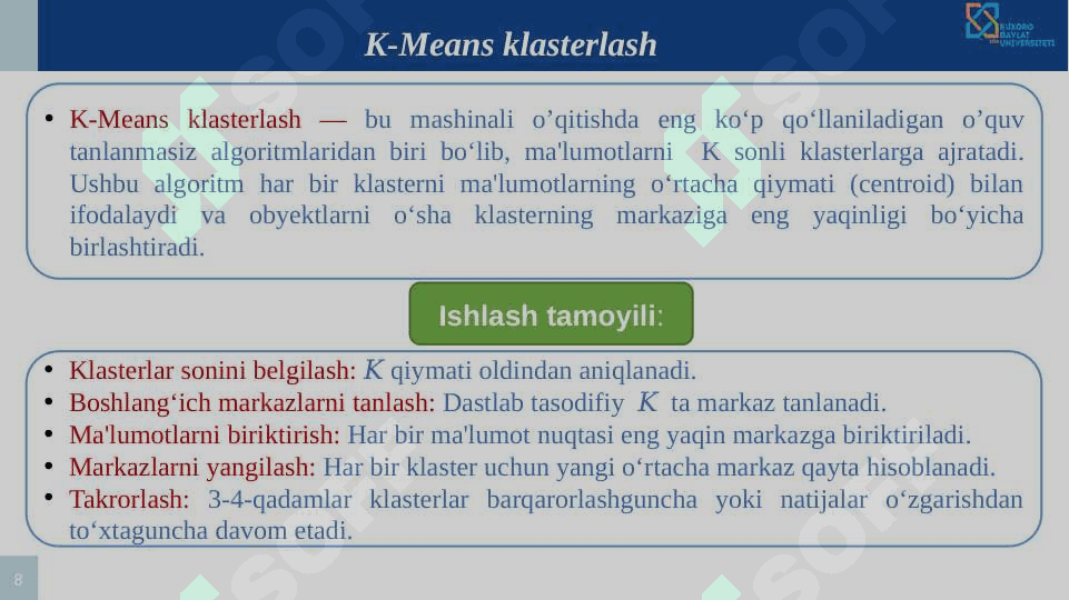 Ma'lumotlarni klasterlash va   K-means algoritmi 8