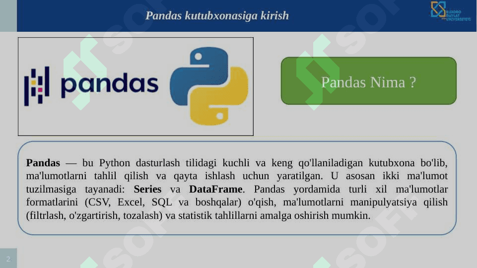Ma’lumotlarni tayyorlash va tozalash: Pythonda Pandas kutubxonasi asosida ma’lumotlarga ishlov berish. 2
