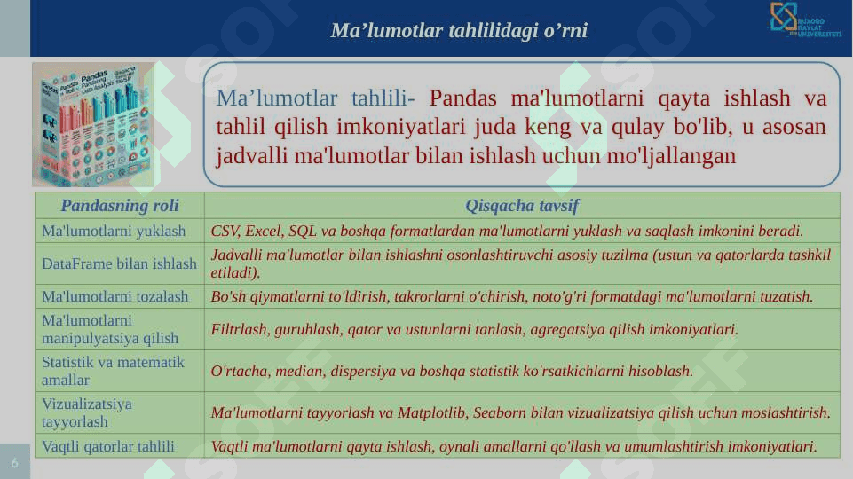 Ma’lumotlarni tayyorlash va tozalash: Pythonda Pandas kutubxonasi asosida ma’lumotlarga ishlov berish. 6