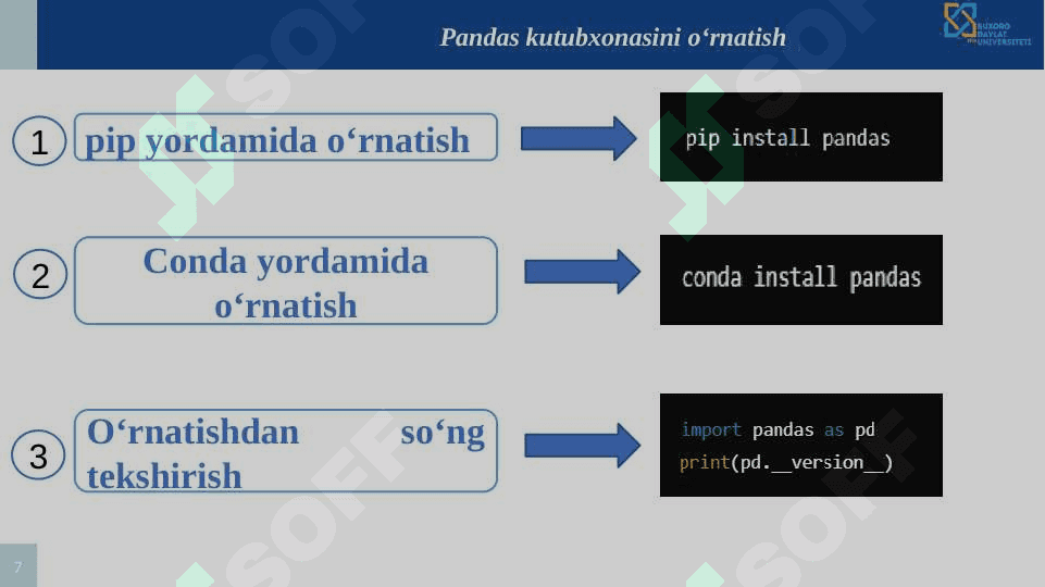 Ma’lumotlarni tayyorlash va tozalash: Pythonda Pandas kutubxonasi asosida ma’lumotlarga ishlov berish. 7