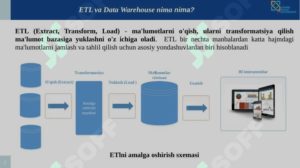 Bigdatada ETL jarayonlari. ETL arxitekturasi. Data WareHouse tamoyillari. 2