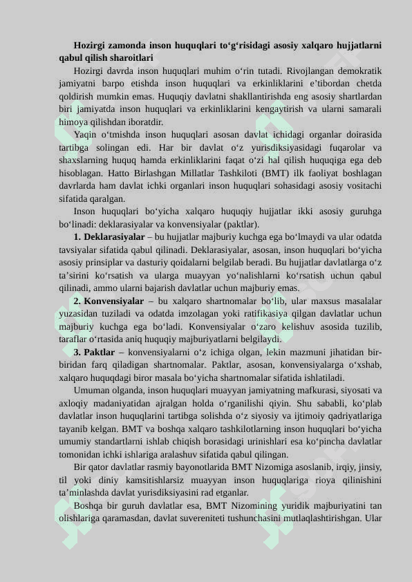 Hozirgi zamonda Inson huquqlari to‘g‘risidagi asosiy xalqaro hujjatlarning tavsifi 3
