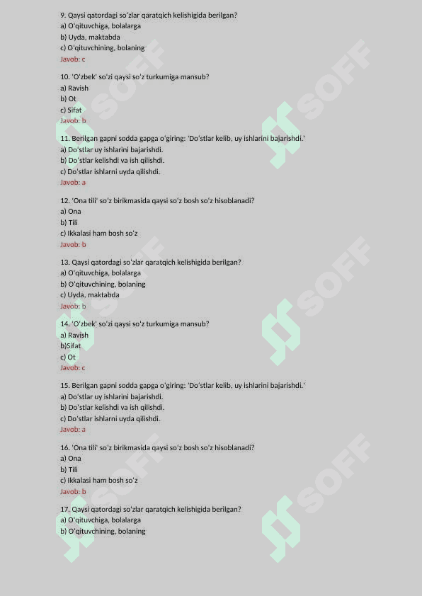 6-sinf ona tili fanidan 200 talik test javoblari bilan birgalikda. 2