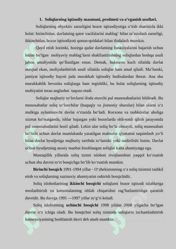 Soliqlarning iqtisodiy mazmuni, tarixiy shakllanishi, zaruriyati va ahamiyati. 2