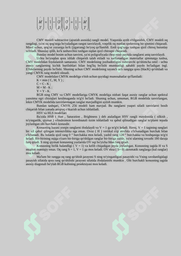 Rang bilan ishlashning asoslari. Grafik formatlar. Rang tasvirlari: RGB, CMYK, HSV, real tasvirlarni sintez qilish, sirt fakturasi.. 2