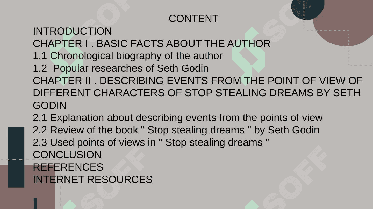 Describing events from the points of view of different characters of  " Stop stealing dreams " by Seth Godin 2