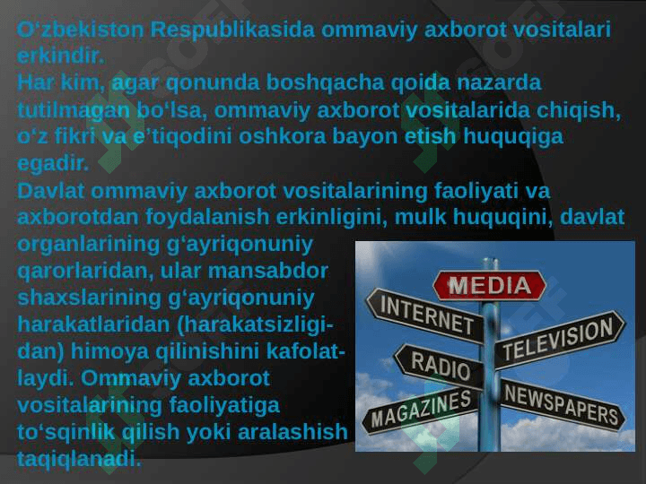 O’zbekiston Respublikasida ommaviy axborot vositalarining faoliyati (O’zgarish va muammolar) 3