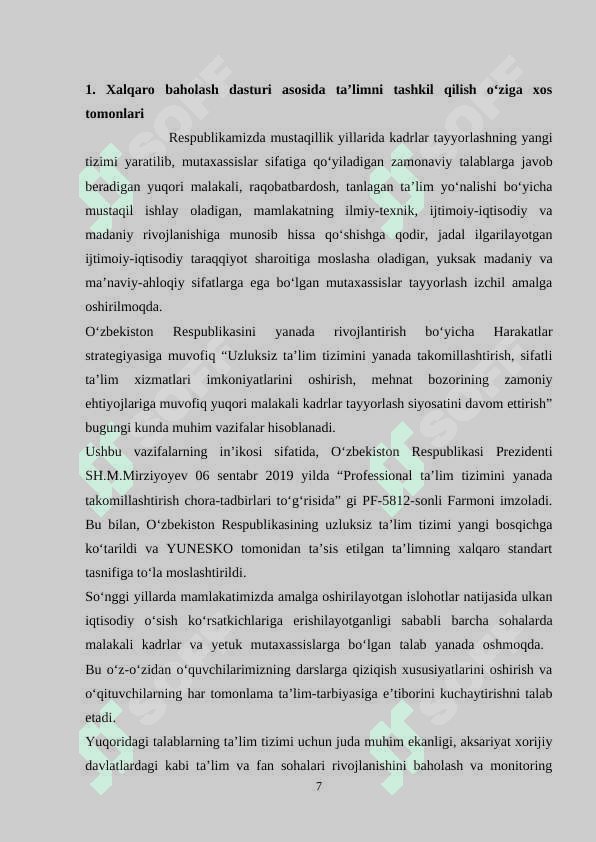 Mavzu: Ta’lim sifatini xalqaro baholash tizimi va uning fizika o’qitishdagi ahamiyati (PISA misolida). 7