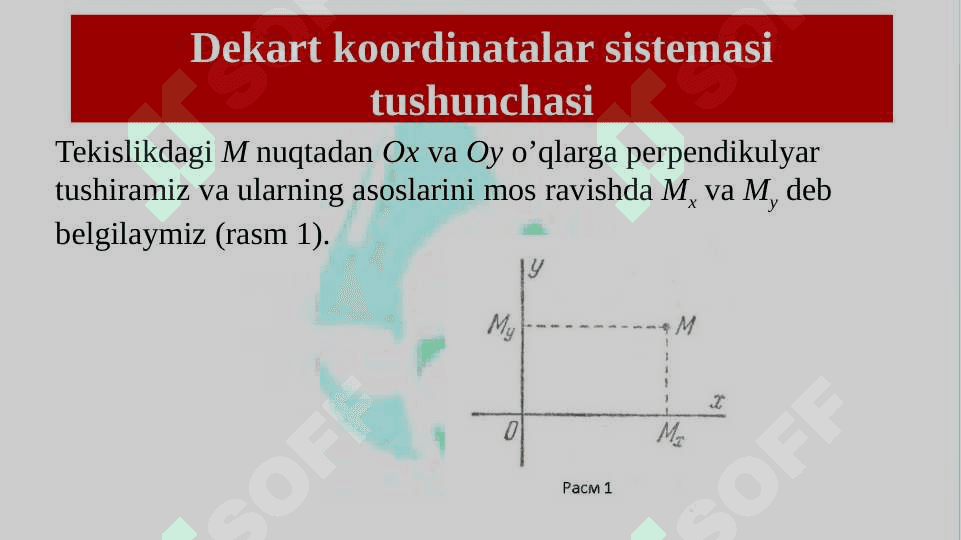 Dekart koordinatalar sistemasi tushunchasi. Tekislikda ikki nuqta orasidagi masofa. Kesmani berilgan nisbatda bo‘lish. Uchburchak yuzini topish. To‘g‘ri chiziqning tekislikdagi tenglamalari. pptx 3