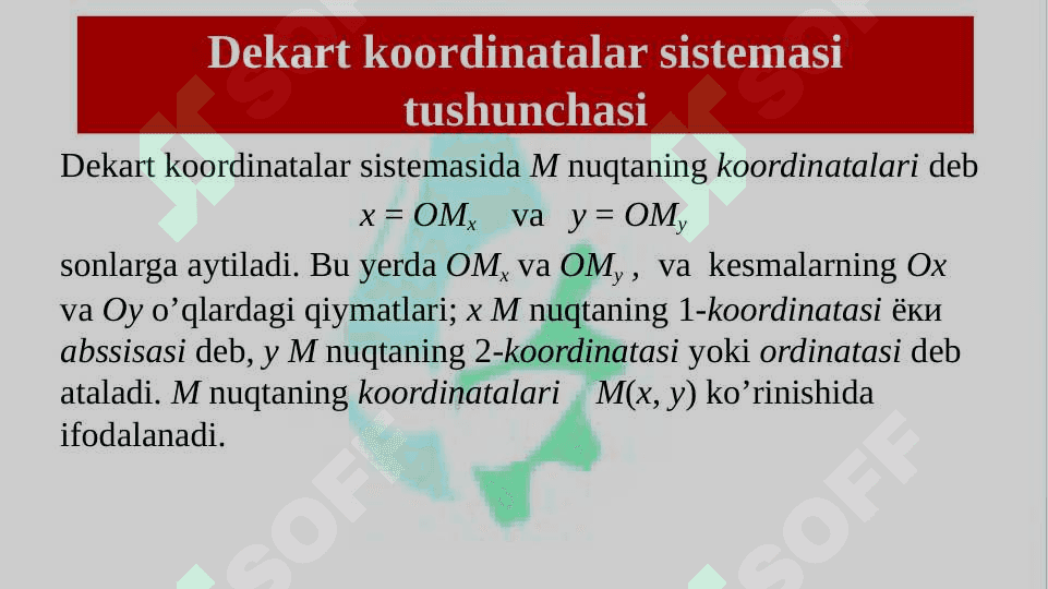 Dekart koordinatalar sistemasi tushunchasi. Tekislikda ikki nuqta orasidagi masofa. Kesmani berilgan nisbatda bo‘lish. Uchburchak yuzini topish. To‘g‘ri chiziqning tekislikdagi tenglamalari. pptx 4