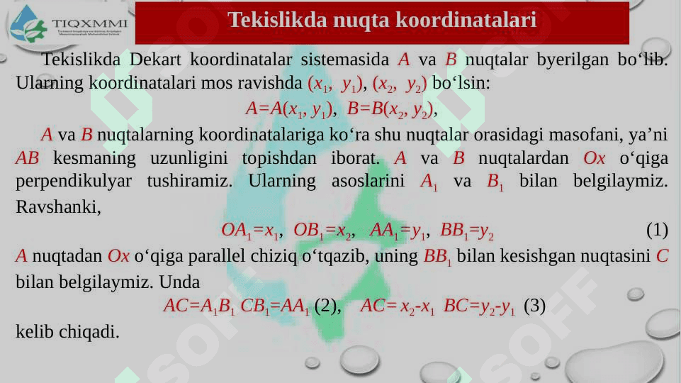 Dekart koordinatalar sistemasi tushunchasi. Tekislikda ikki nuqta orasidagi masofa. Kesmani berilgan nisbatda bo‘lish. Uchburchak yuzini topish. To‘g‘ri chiziqning tekislikdagi tenglamalari. pptx 7
