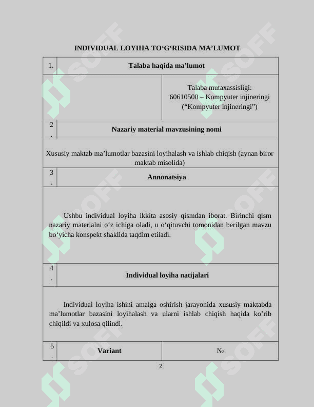 Kurs ishi Xususiy maktab ma’lumotlar bazasini loyihalash va ishlab chiqish mavzusida 2