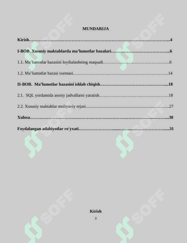 Kurs ishi Xususiy maktab ma’lumotlar bazasini loyihalash va ishlab chiqish mavzusida 3