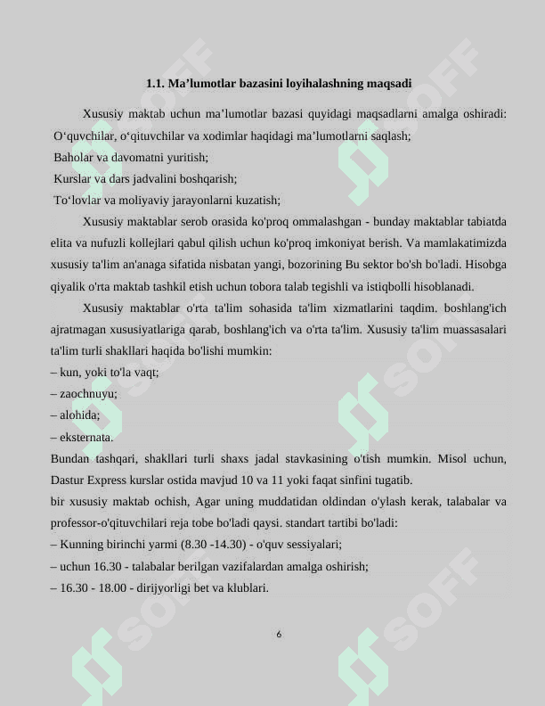 Kurs ishi Xususiy maktab ma’lumotlar bazasini loyihalash va ishlab chiqish mavzusida 6