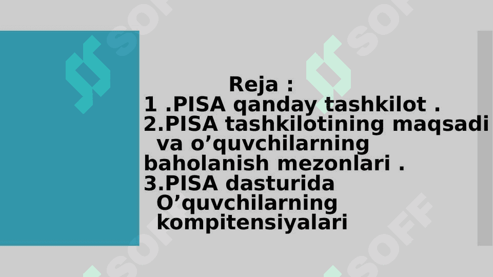 PISA xalqaro baholash dasturi
talablari asosida	ta’lim shakl, metod va vositalari	yordamida o’quvchilar kompetentsiyalarini shakllantirish. 2