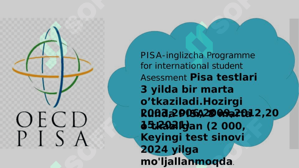 PISA xalqaro baholash dasturi
talablari asosida	ta’lim shakl, metod va vositalari	yordamida o’quvchilar kompetentsiyalarini shakllantirish. 3
